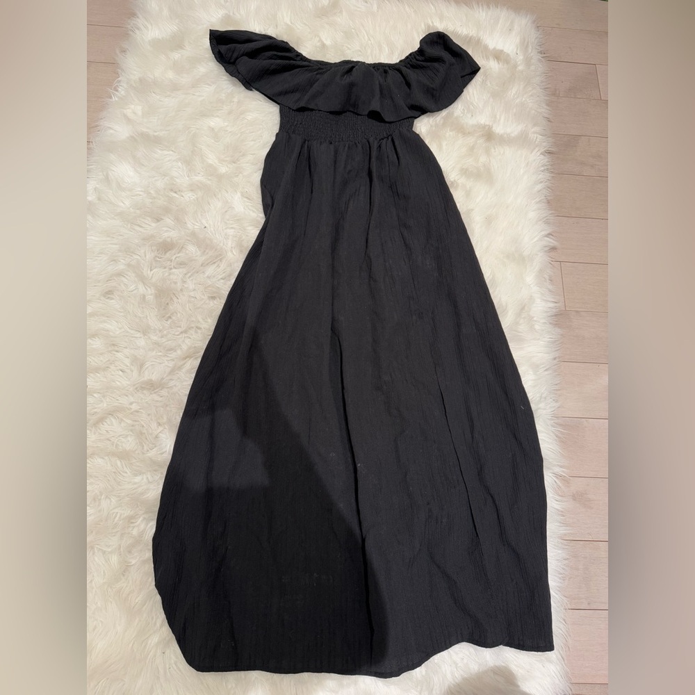 Cottagecore Milkmaid Flowy Boho Chic Summer Black Off-Shoulder Maxi Dress S